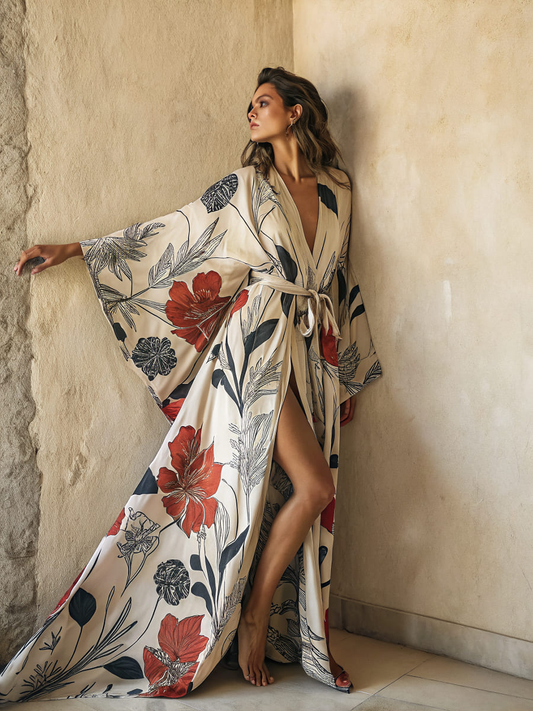 Women's Floral Kimono Linen Robe (with Belt)