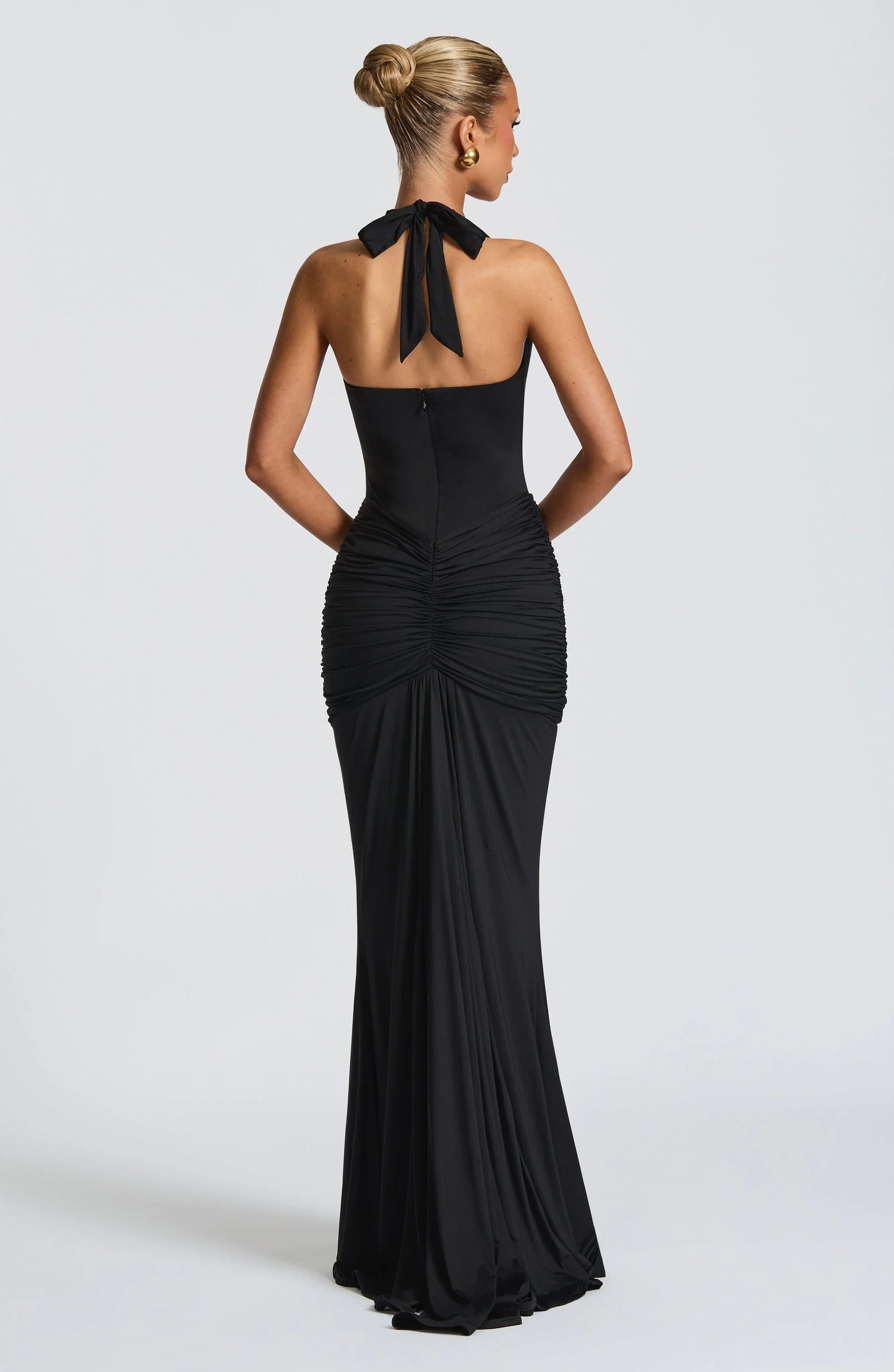 Solid Color Halterneck V-neck Open Back Tie Gathered Maxi Dress