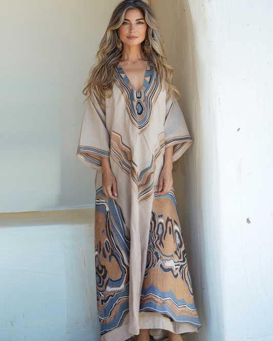 Contton & Linen  Long Sleeve  Kaftan Maxi Dress