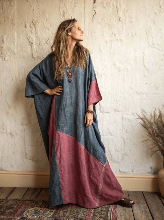 Linen Printed Kaftan Maxi Dress