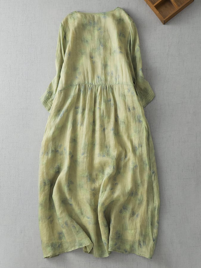 Printed V-Neck Minimalist Thin Linen A-Line Dress