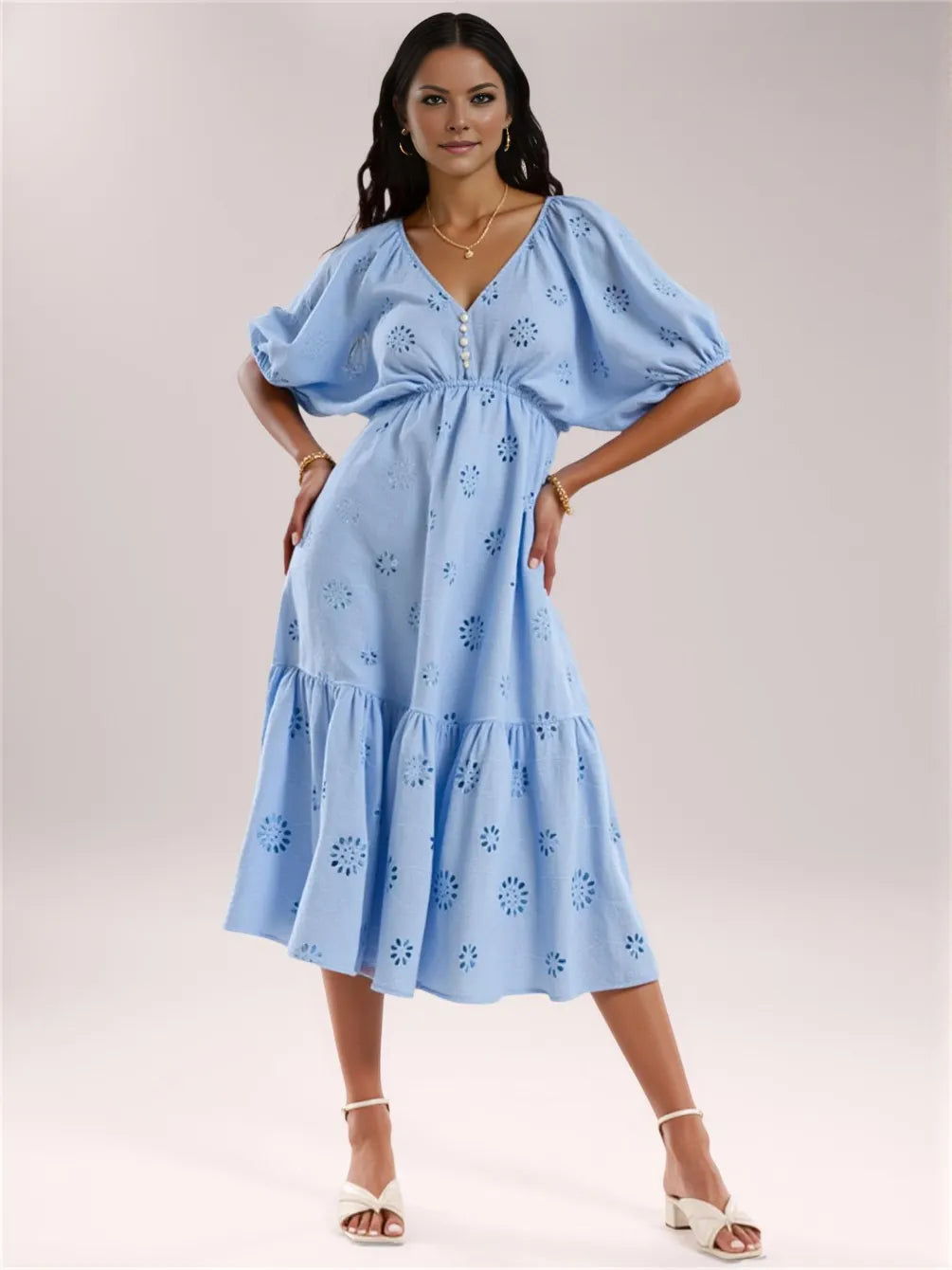 Short-Sleeved V-Neck Waist Slim A-Line Hollow Embroidered Dress