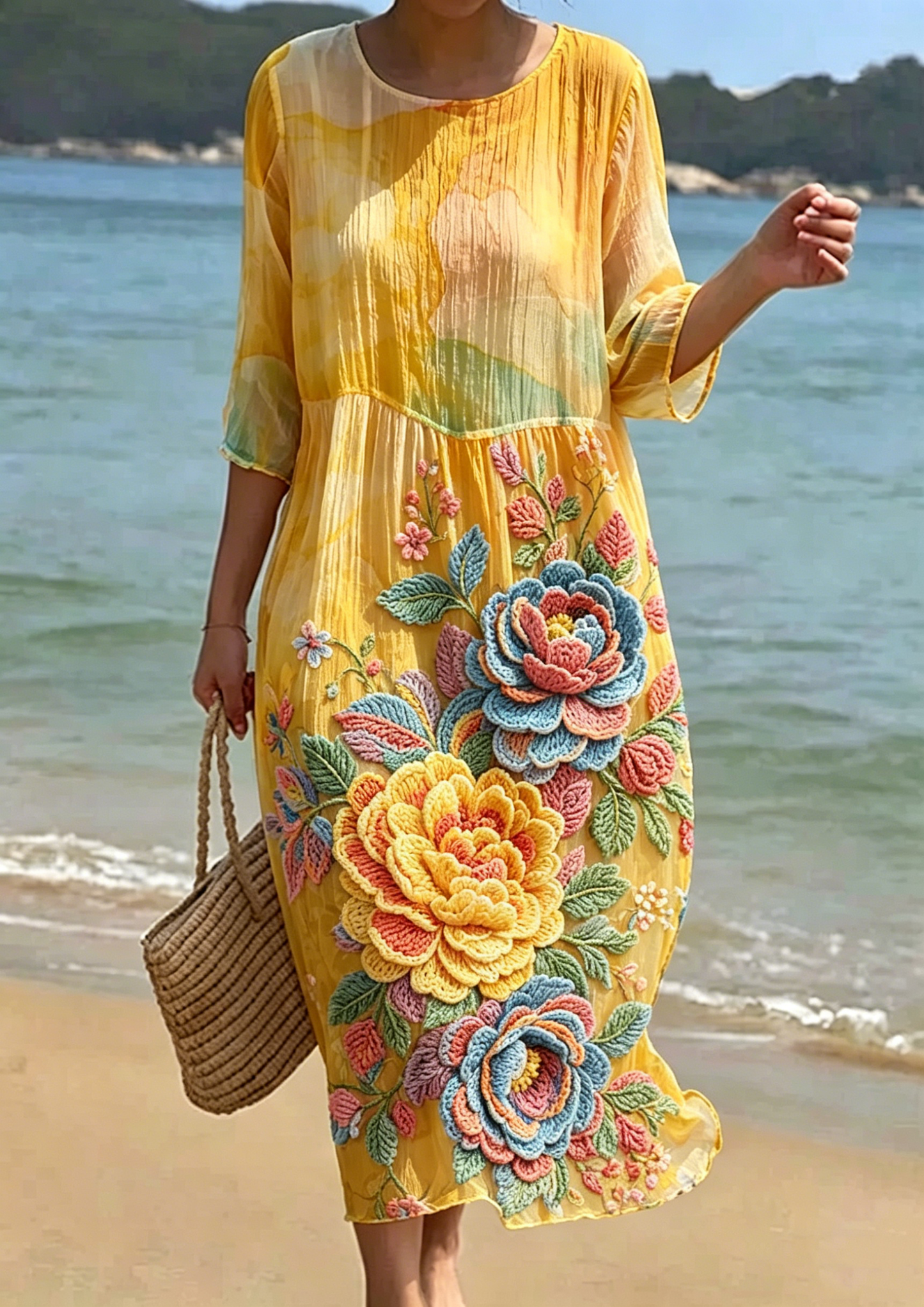 Women's Floral Embroidered Smocked Waist Midi Dress