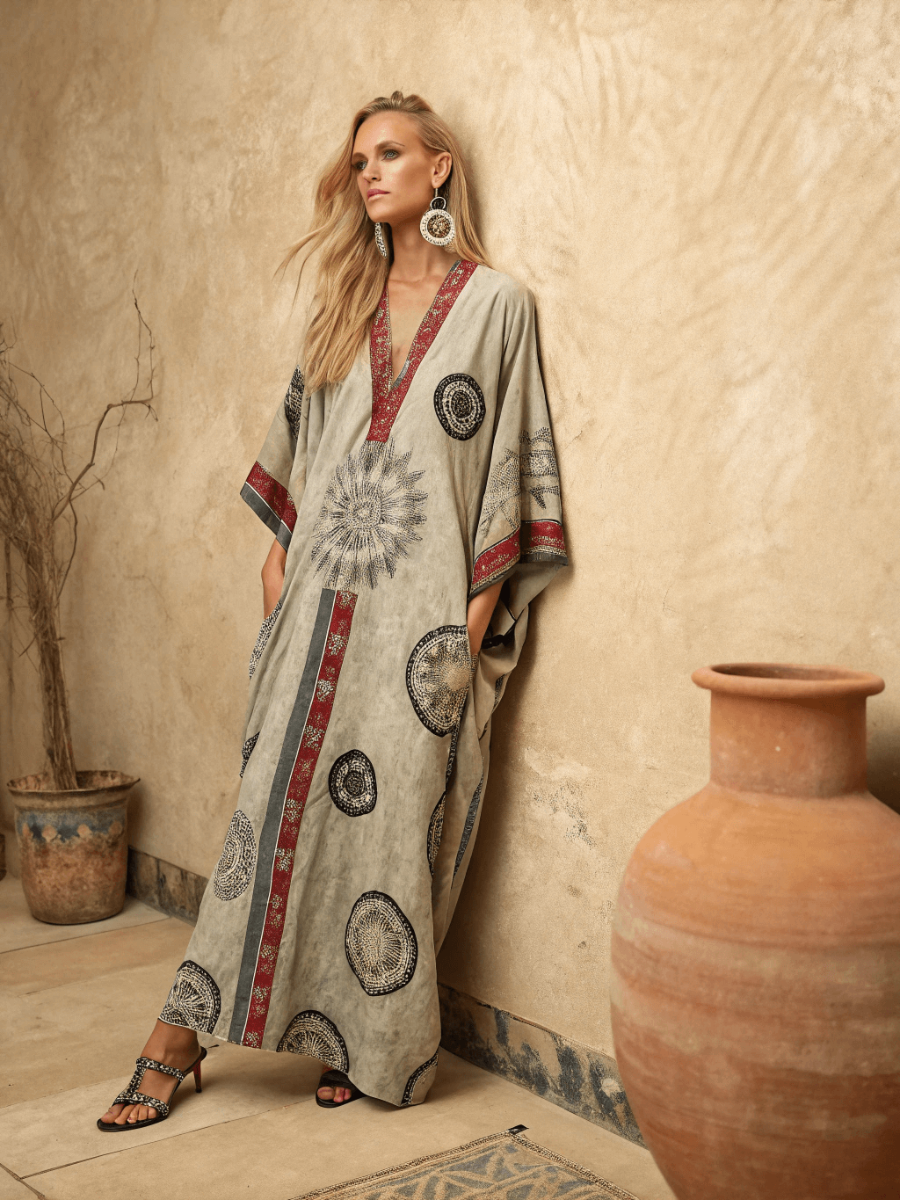 Linen Printed Kaftan Maxi Dress