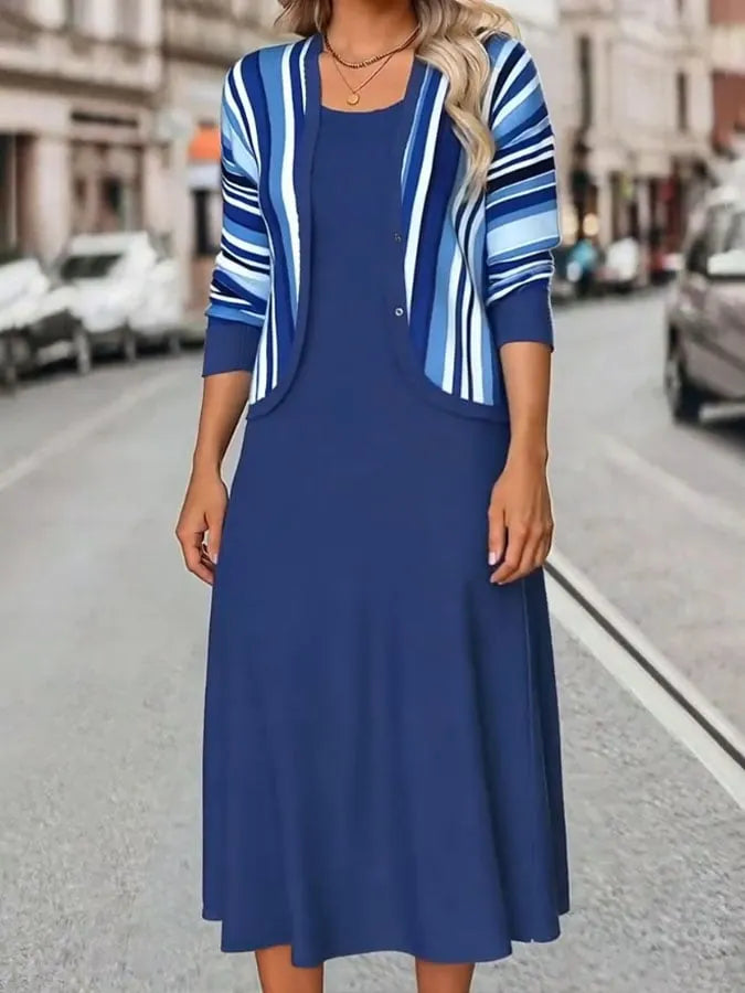 Women's Casual Round Neck Contrast Color Printed Vest Dress and Cardigan Set