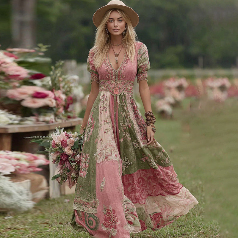 Vintage Boho Floral Patchwork V Neck Flowy Maxi Dress