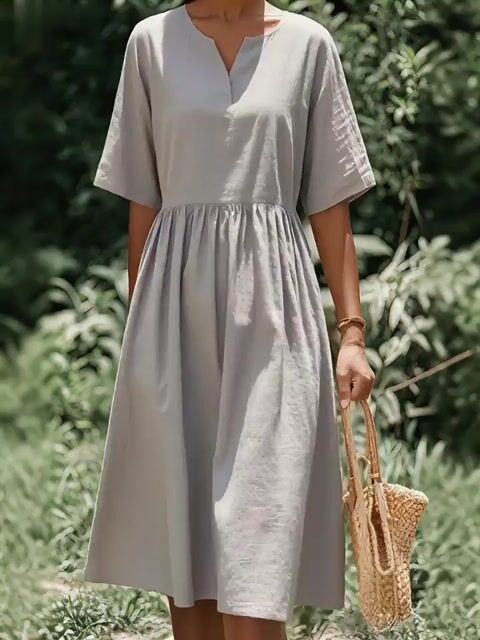 Women'S Casual Solid Color Cotton And Linen Short-Sleeved Dress