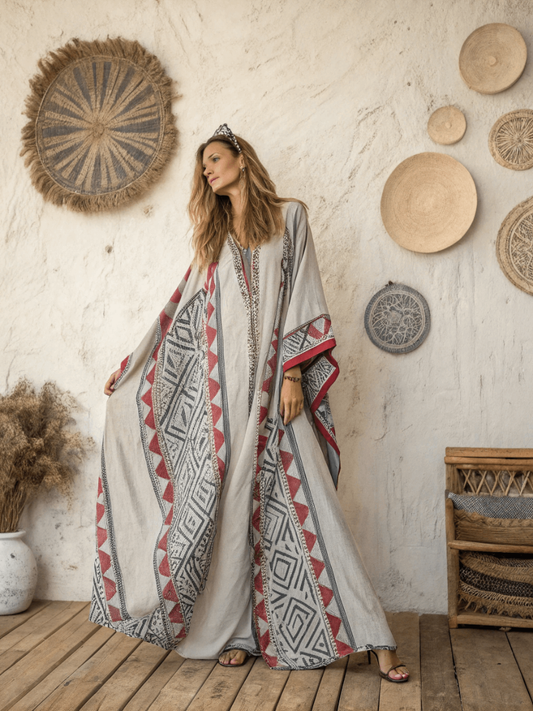Linen Printed Kaftan Maxi Dress