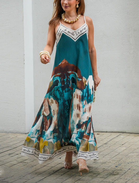 Bohemian Linen-Blend V-Neck Flowy Dress
