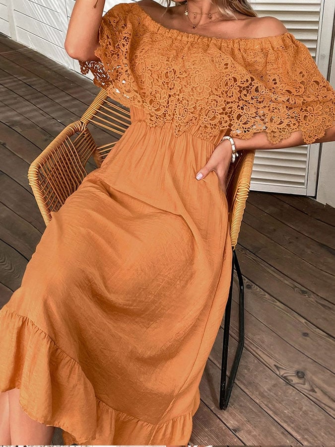 Women'S Casual Solid Color Splicing Lace Ruffle Dress