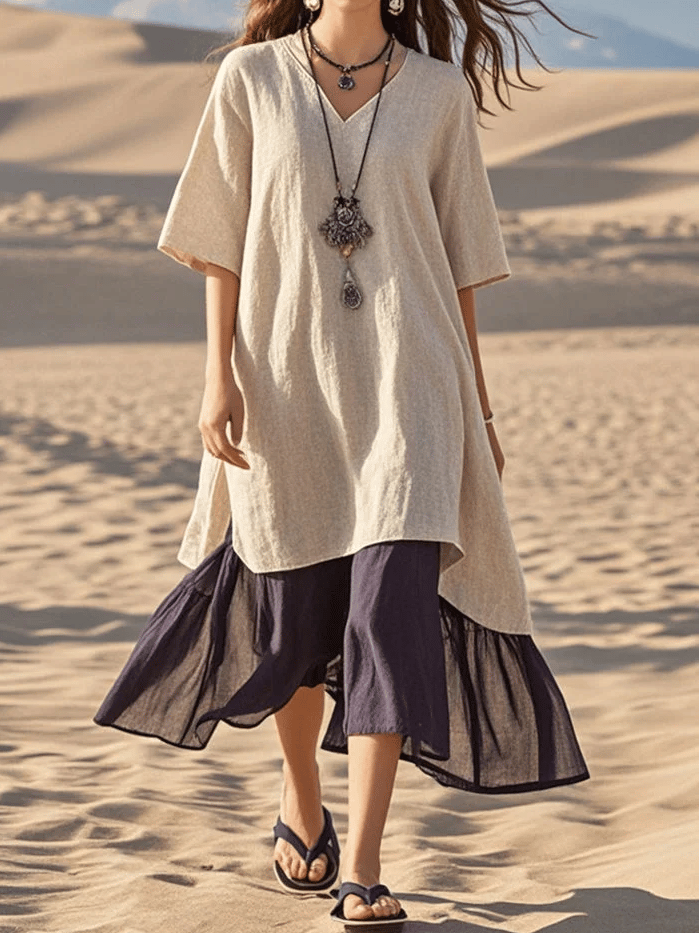 Women's V-Neck Contrast Color Cotton Vacation Dress
