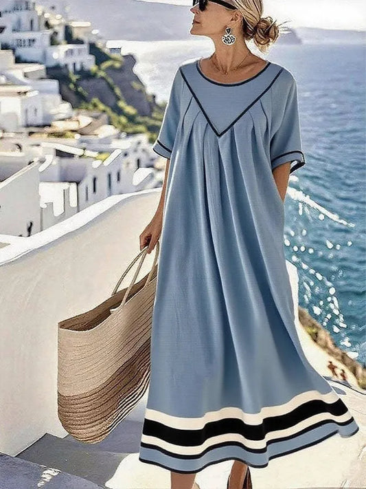 Women'S Round Neck Short Sleeve Striped Printed Cotton And Linen Dress