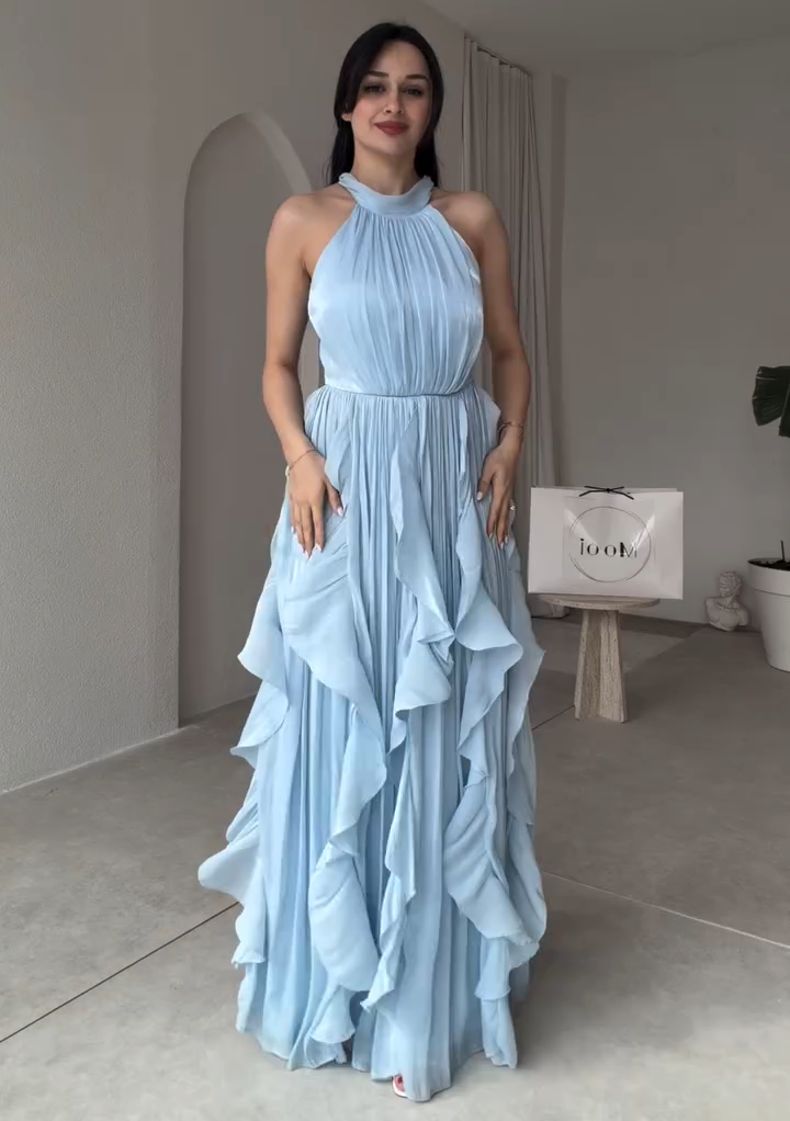 Halter Neck Tiered Ruffle Chiffon Maxi Dress