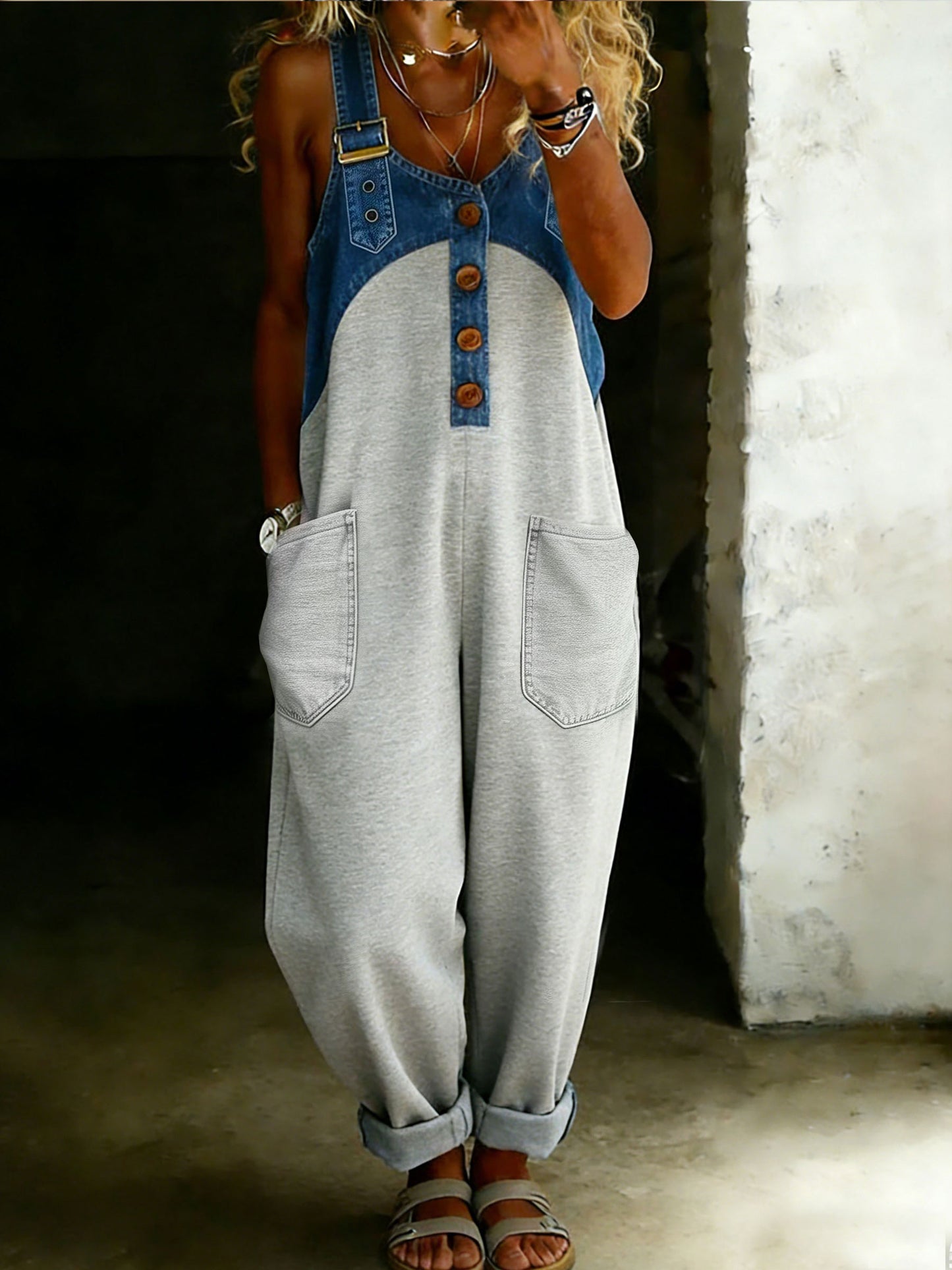 Women’s Casual One Piece Denim Denim Patchwork Jumpsuit