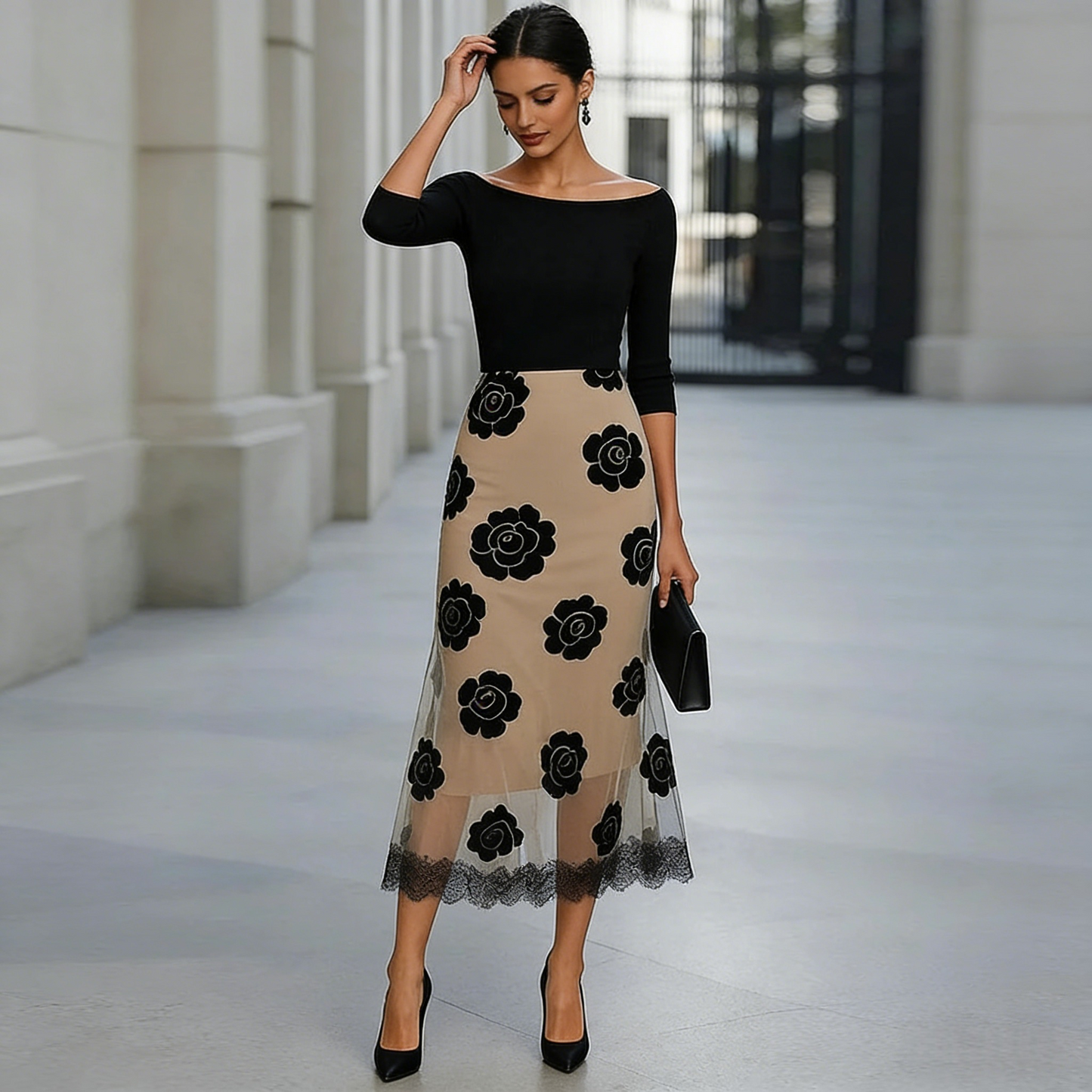 Elegant Off-Shoulder Top & Floral Lace-Hem Midi Skirt Set
