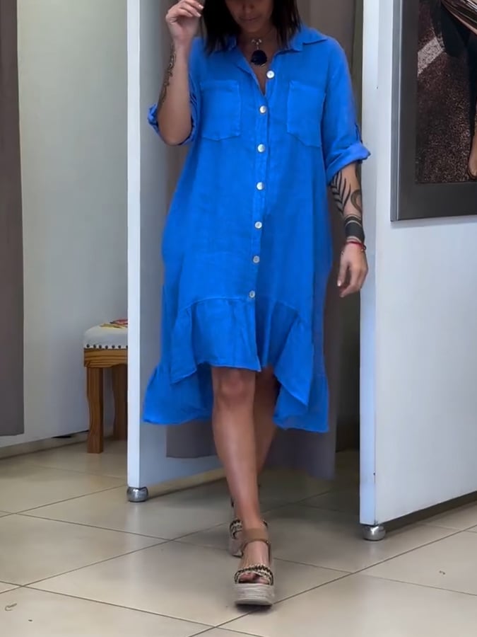 Women'S Casual Lapel Single-Breasted Loose Cotton And Linen Dress