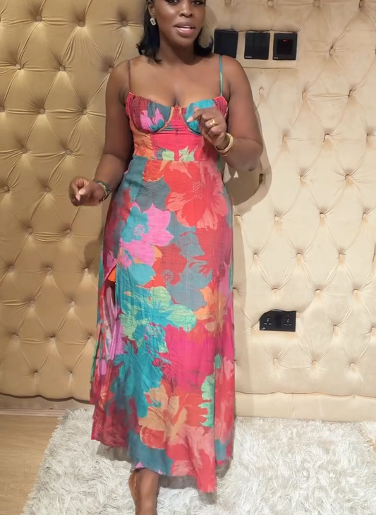 Colorful Floral Print Corset Style Maxi Dress