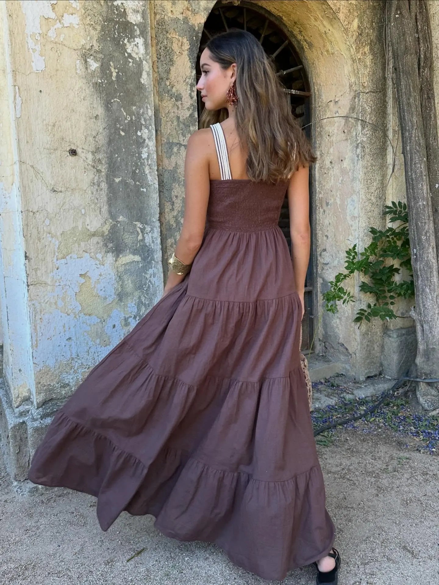 Tiered Maxi Dress with Crisscross Textured Bodice