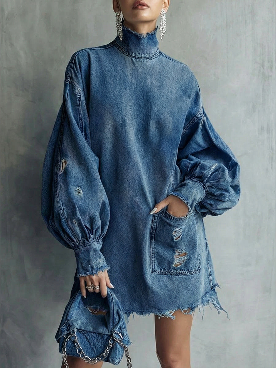 Distressed Denim High-Neck Mini Dress