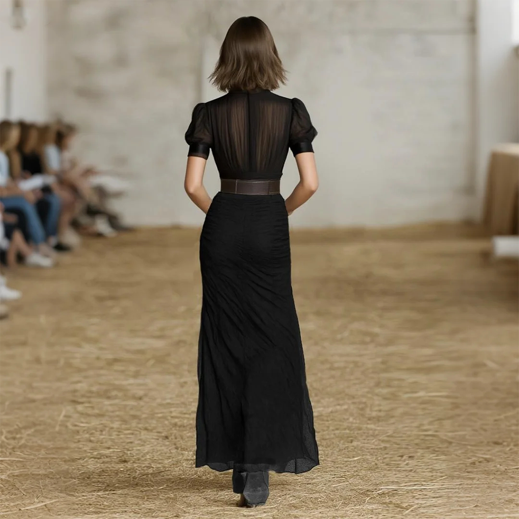 Vintage Black Sheer Maxi Dress with High Slit