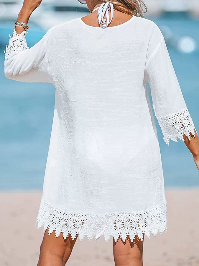 Ladies Casual Solid Color V-Neck Three-quarter Sleeve Lace Stitching Dress