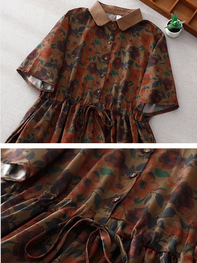 Printed Lapel Simple Cotton Linen Dress