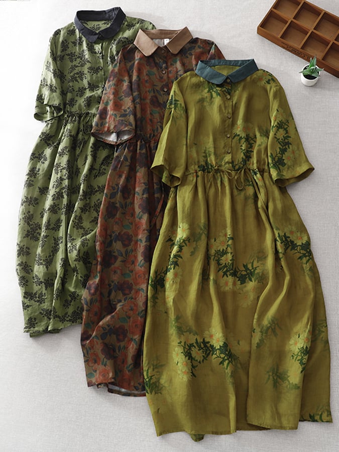 Printed Lapel Simple Cotton Linen Dress