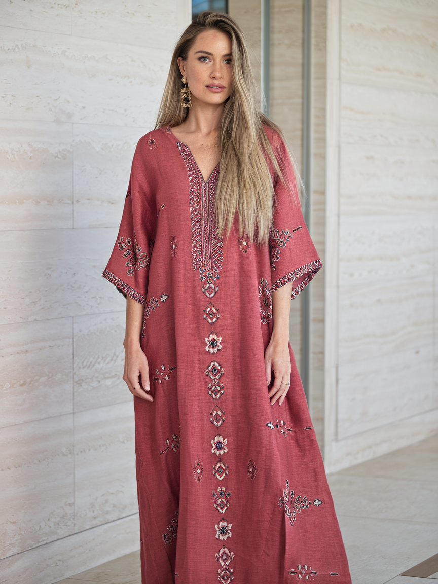 Contton & Linen  Long Sleeve  Kaftan Maxi Dress