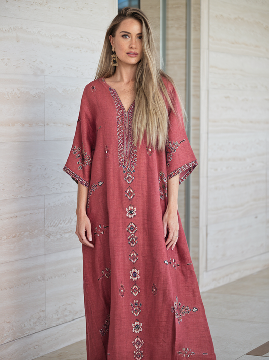 Contton & Linen  Long Sleeve  Kaftan Maxi Dress