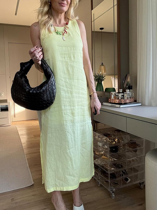 Women'S Casual Vest Slit Cotton And Linen Dress