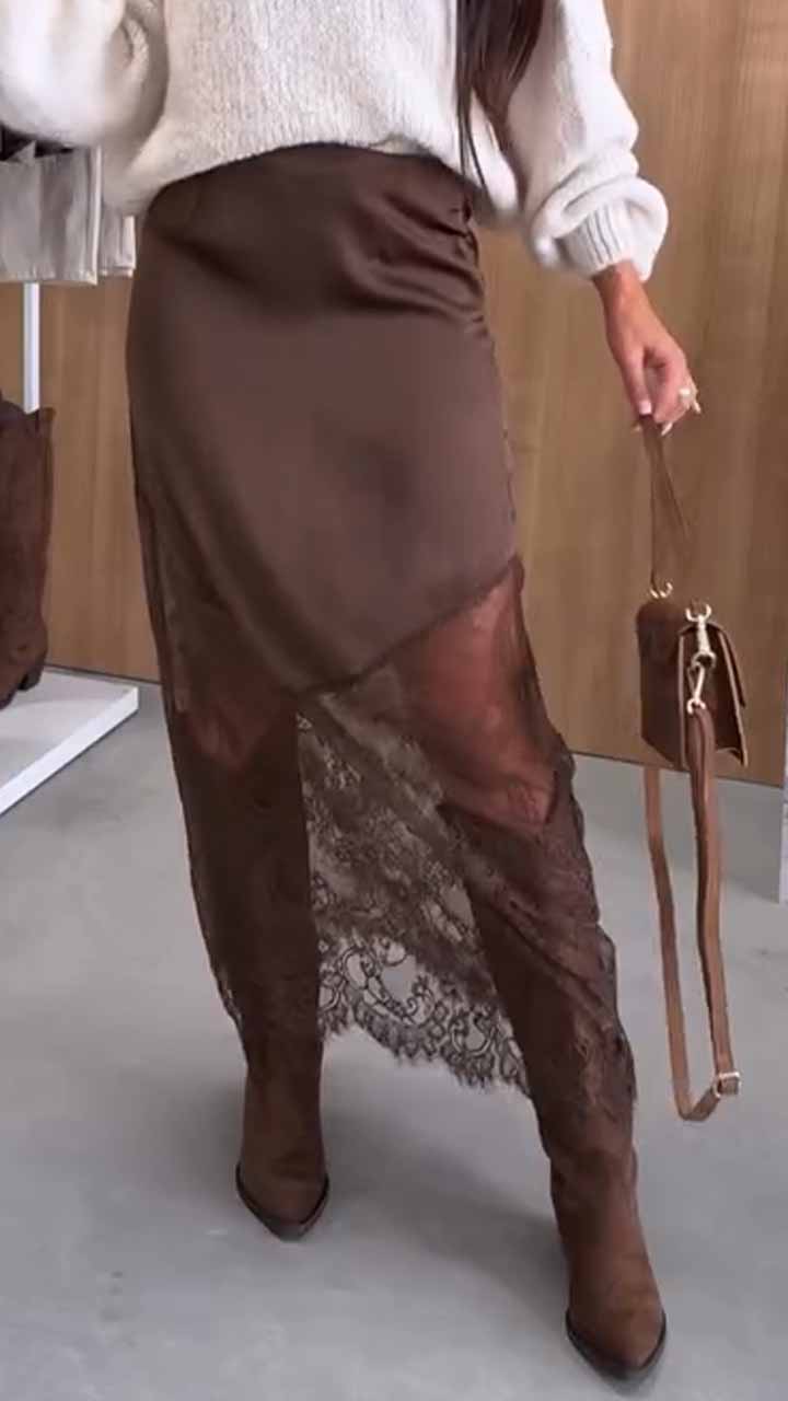 Satin Lace Patchwork High Rise H-line Maxi Skirt