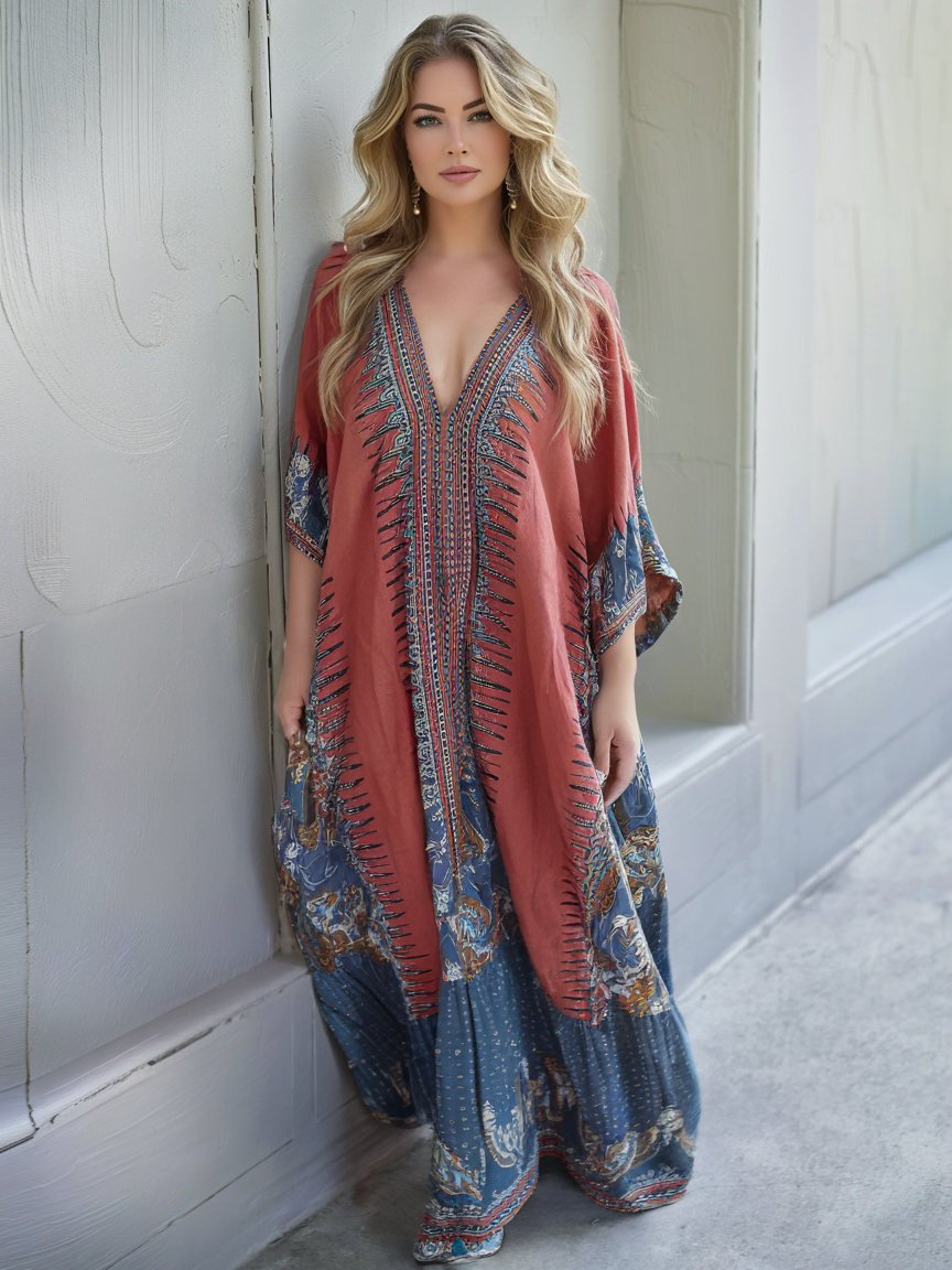 Contton & Linen Long Sleeve Kaftan Maxi Dress