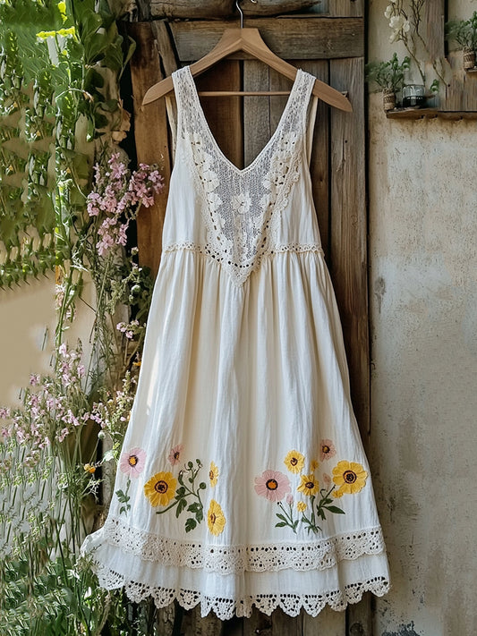 Floral Embroidered Sleeveless Linen Blend Midi Dress