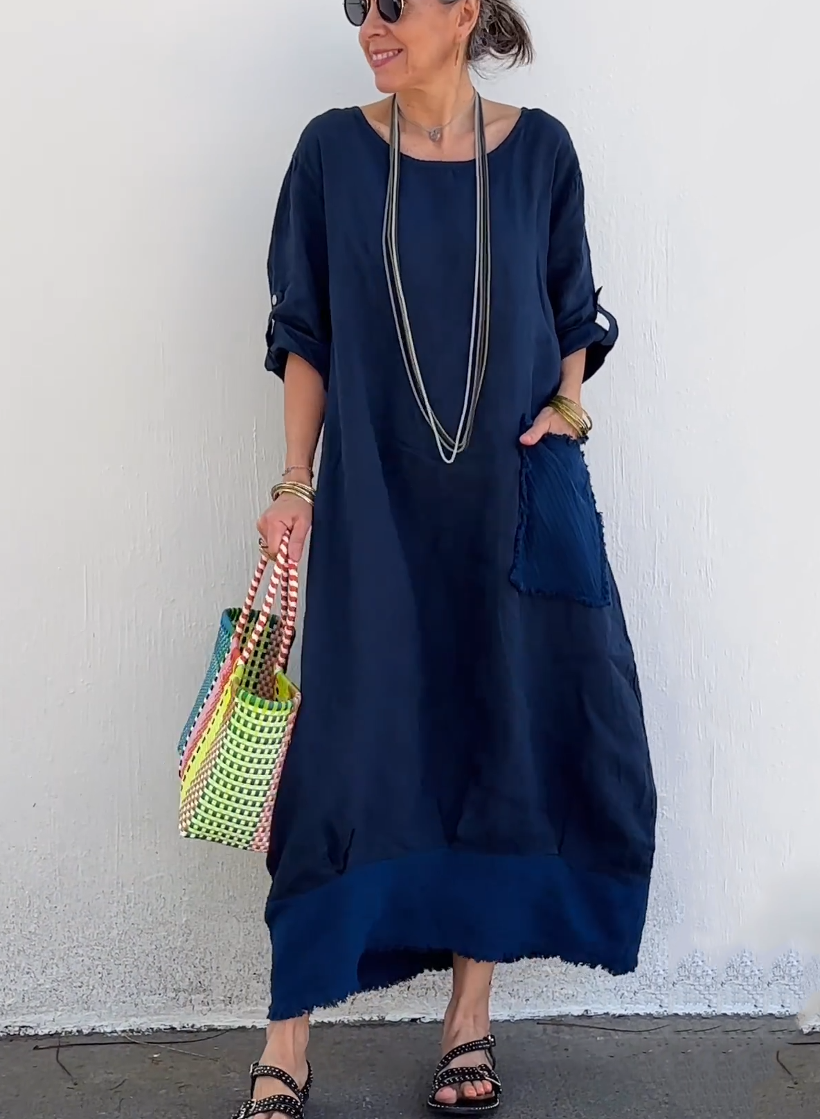 Oversized Linen Maxi Dress with Fringe Hem & Patch Pocket