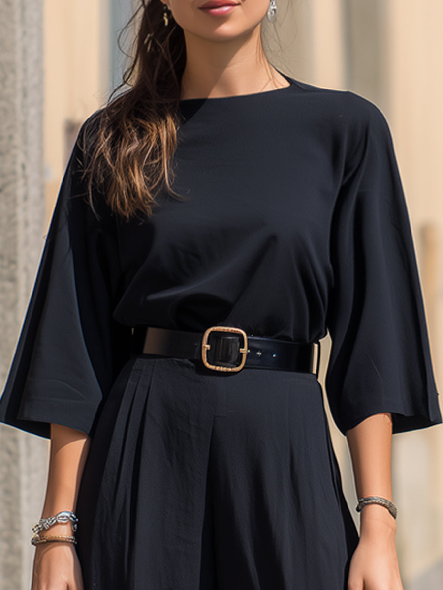 Minimalist Batwing Sleeve Belted Wide-Leg Jumpsuit