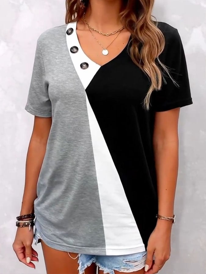 Women'S Casual Contrast Color Stitching V-Neck Short-Sleeved Top