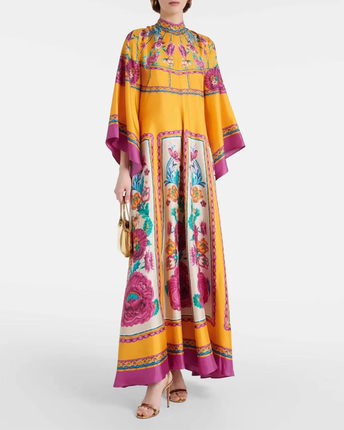 Casual Fashion Print Three-Quarter Sleeve Stand Collar Maxi Dress