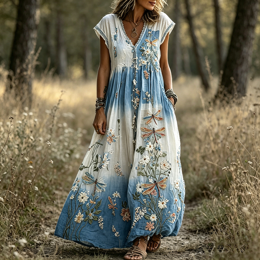 Women's Dragonfly & Floral Embroidered Ombre Boho Maxi Dress