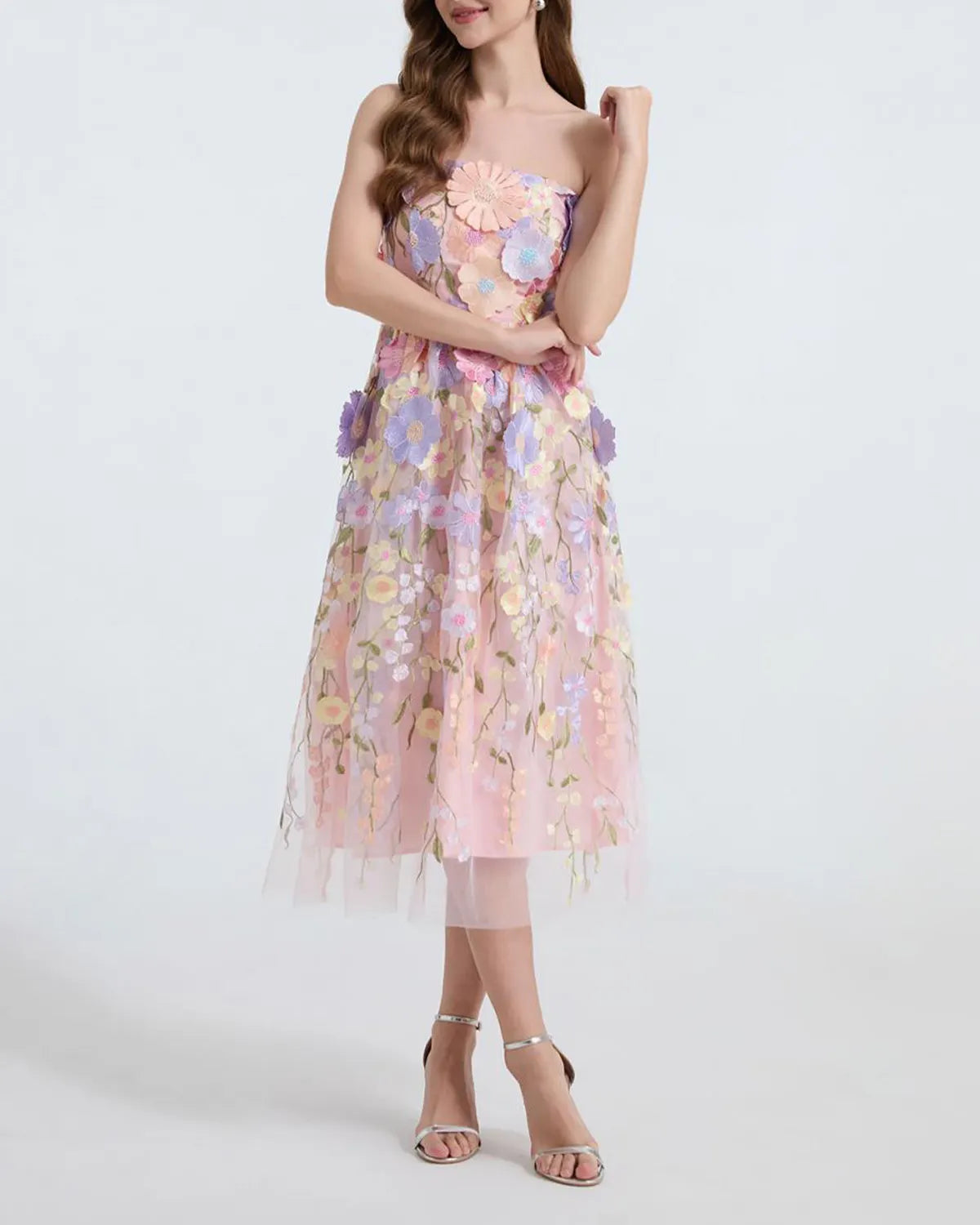 Embroidered 3D Applique Strapless Midi Dress