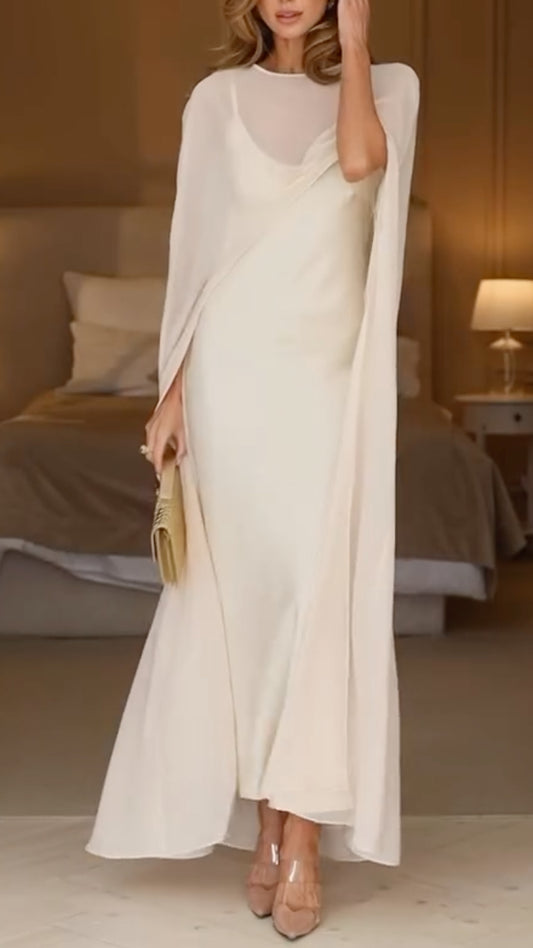 Two Piece Cream Satin Maxi Dress with Chiffon Cape