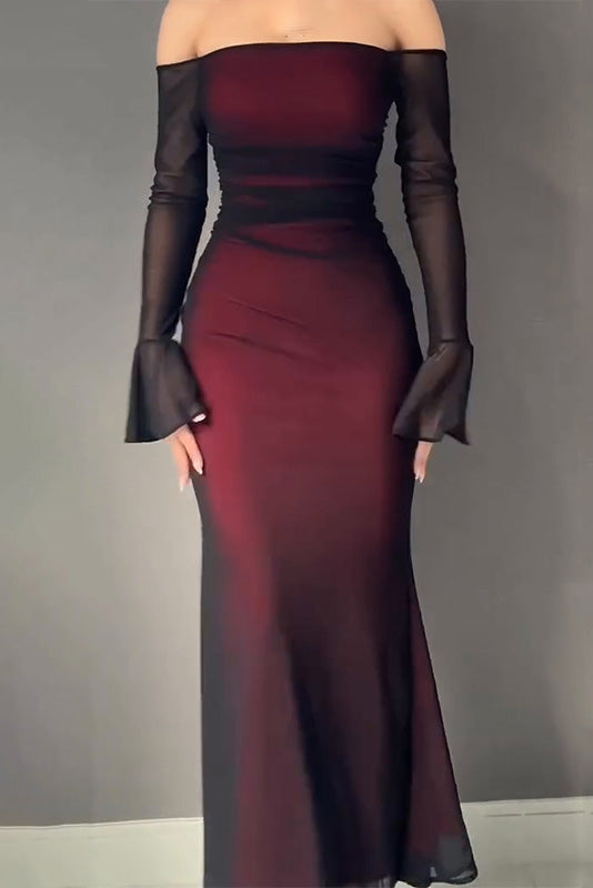 Burgundy Sheer-Sleeve Mermaid Gown