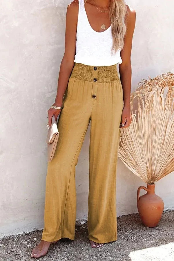 Women's Linen Blend High Rise Smocked Pants