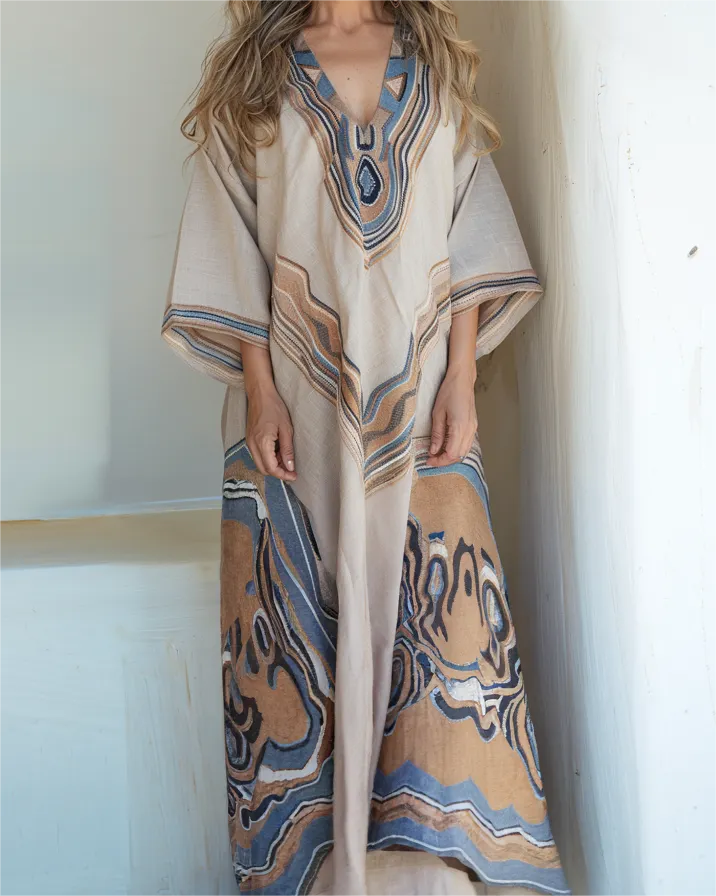 Contton & Linen  Long Sleeve  Kaftan Maxi Dress