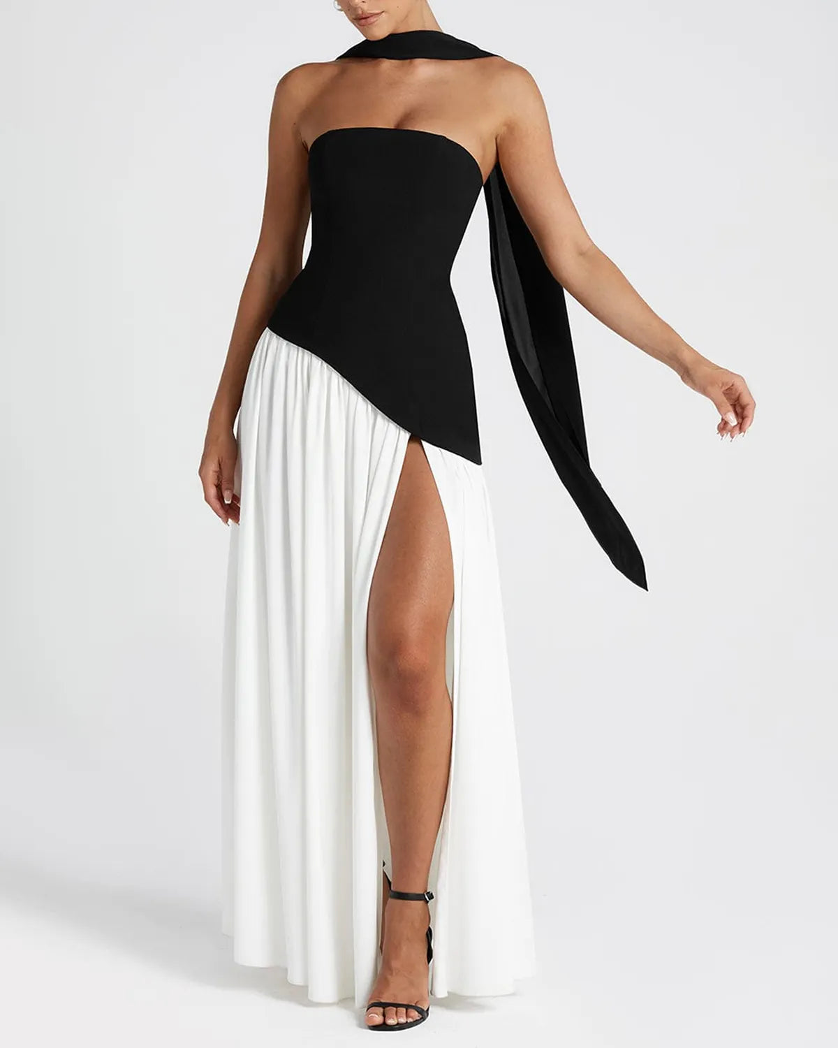 Elegant Vintage Sheath High Split Tea Solid/Black and White Colorblock Maxi Dress