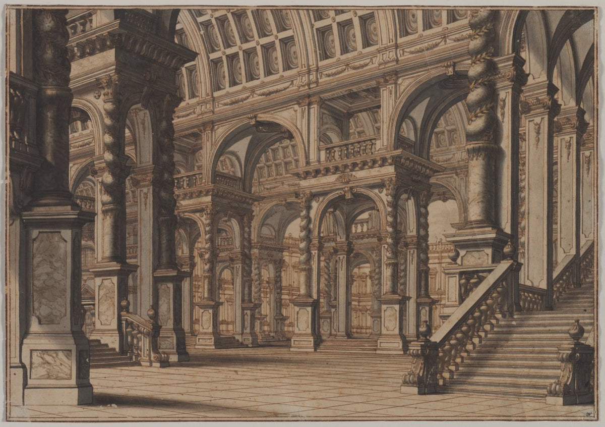 Monumental Vaulted Hall with Staircase by Giuseppe Galli Bibiena (Italian, 1696–1757) - Classic Painting canvas print
