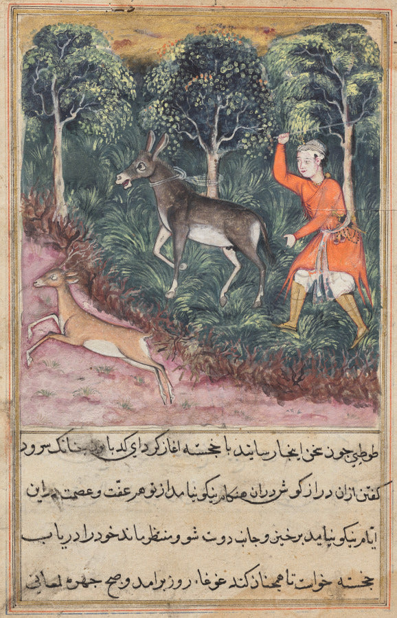 The gardener seizes and beats a donkey who insisted on braying, while the deer, its companion flees to safety, from a Tuti-nama Tales of a Parrot Forty-first Night by  - Classic Art canvas print