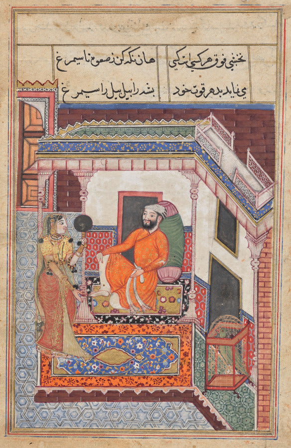 The parrot laughs on hearing the Raja of Ujjains wife admire her beauty in a mirror, from a Tuti-nama Tales of a Parrot Forty-sixth Night by  - Classic Art canvas print