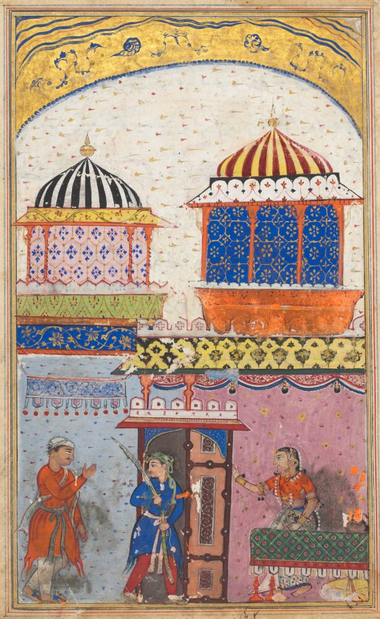 A woman asks her lover to leave her house, brandishing his sword and feigning rage in order to deceive her husband who has just arrived, from a Tuti-nama Tales of a Parrot Eighth Night by Gujarati (Indian, active 1550s-1590s) - Classic Art canvas print