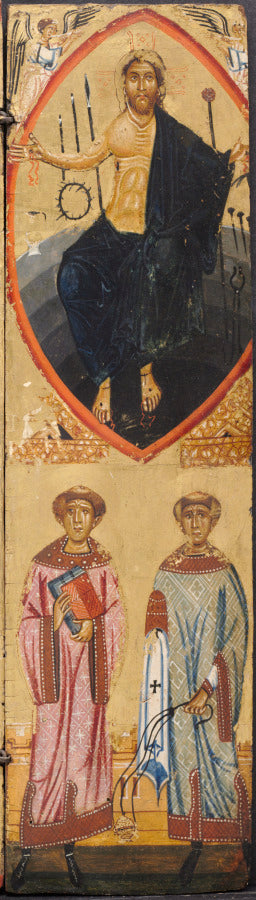 Christ in a Mandorla, with the instruments of the Passion, with St. Stephen and St. Lawrence below by Berlinghiero (Italian, before 1242) - Classic Art canvas print