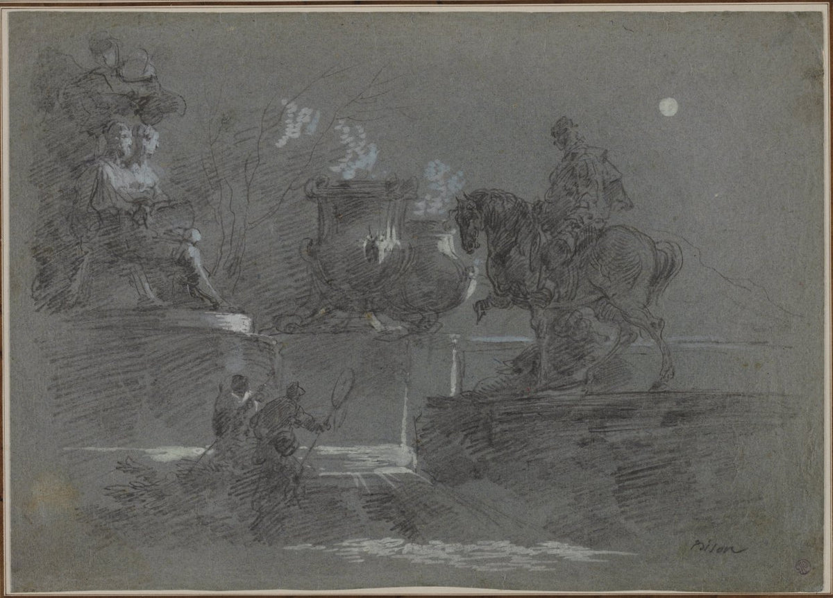 Monumental Sculpture in a Moonlit Park by Giuseppe Bernardino Bison (Italian, 1762–1844) - Classic Painting canvas print